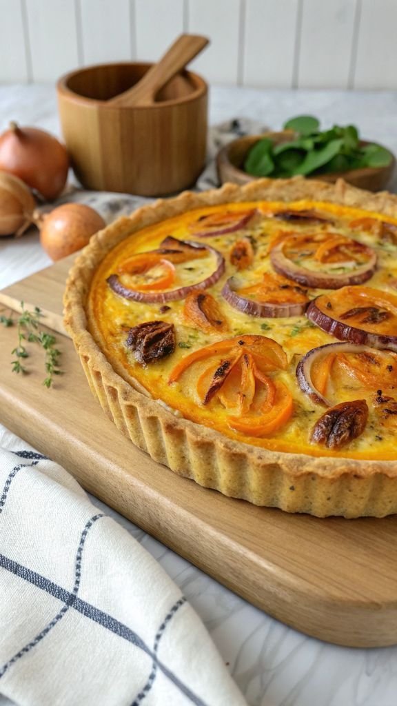 Beautifully plated Carrot Quiche with Cheddar and Roasted Onions Recipe