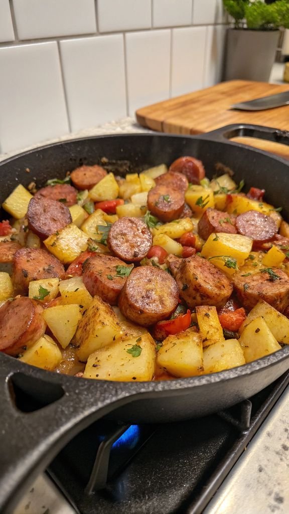 A delicious plate of One-Skillet Kielbasa and Potatoes