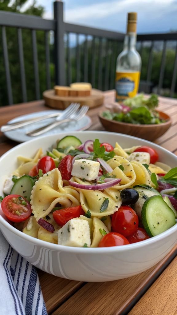 A delicious plate of Greek Tortellini Pasta Salad