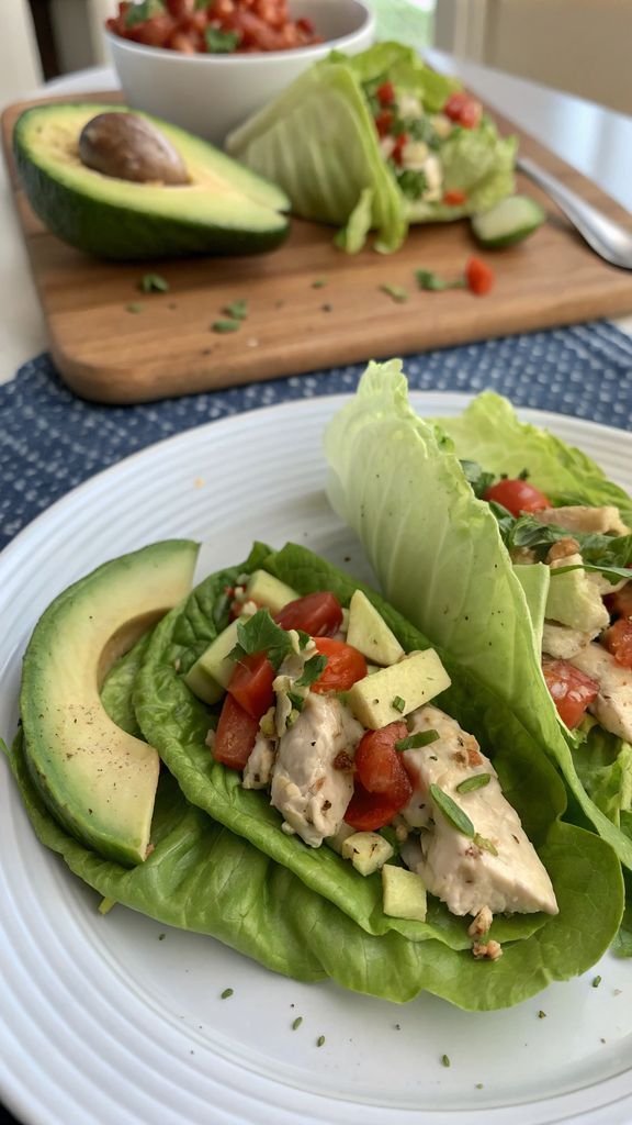 A delicious plate of Avocado Chicken Salad Lettuce Wraps