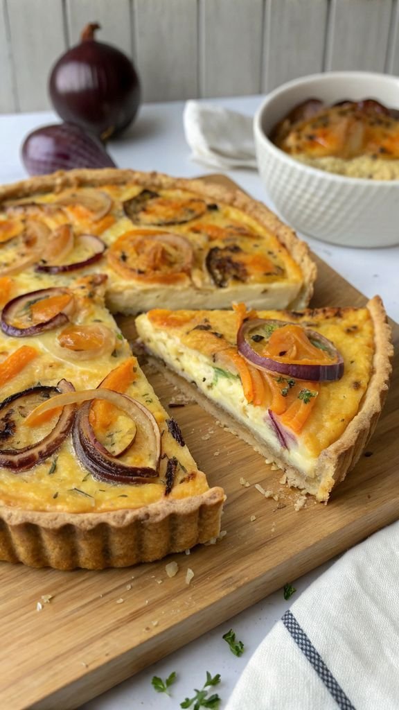 A delicious plate of Carrot Quiche with Cheddar and Roasted Onions Recipe