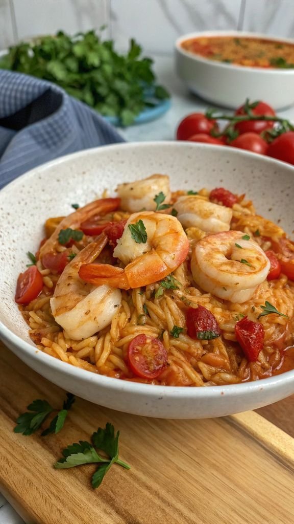 A delicious plate of Instant Pot Tomato and Shrimp Orzo